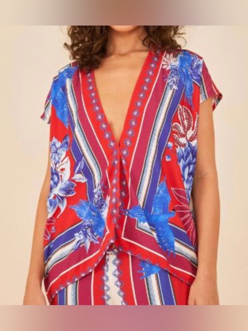 Farm Rio Macaw Vibrant Red Floral-Print V-Neck Tunic size XSmall
